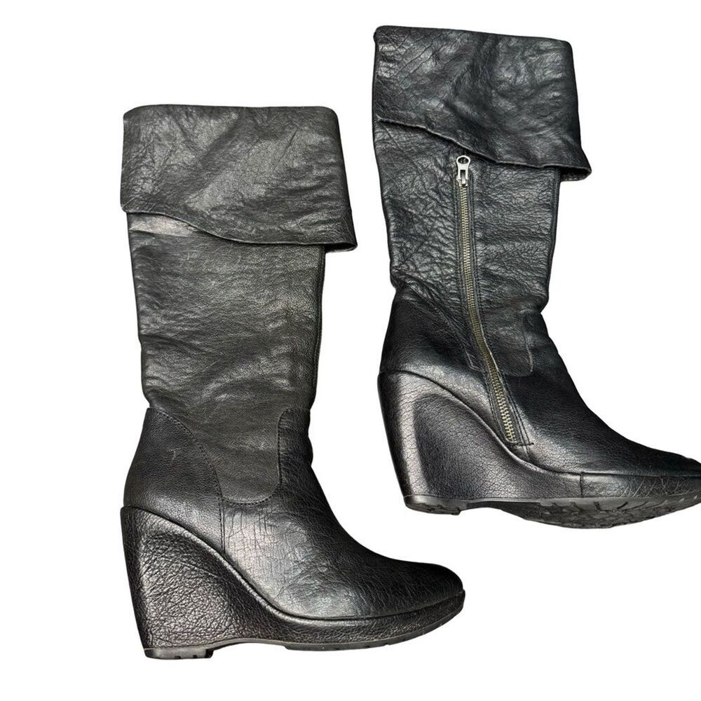 Kork-Ease Black Leather Wedge Ankle Boots Women’s 7.5 Side Zip Comfort